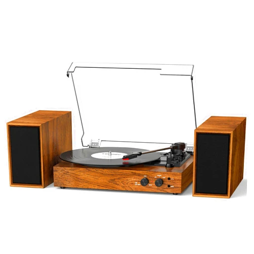 DANFI AUDIO DF Vinyl Record Player with External Stereo Speakers, Vintage Bluetooth 3-Speed Turntable with Dual Stackable Speakers, PC Recording Vinyl to Digital, RCA-Out& AUX-in, Retro Wood