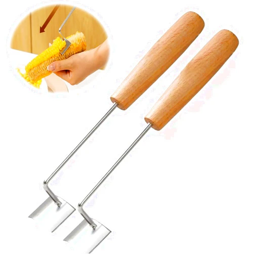 Podafu Corn Peeler For Corn On The Cob, Corn Remover Tool Corn Cutter To Cut Corn Off The Cob, Stainless Steel Corn Stripper Corn On Cob Stripper. (Wooden handle model 2 pcs)