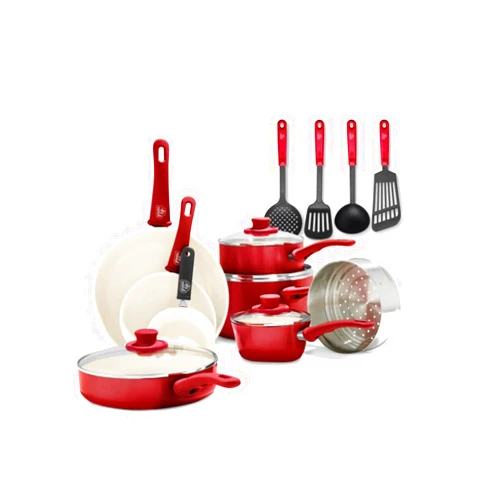 GreenLife 16 Piece Nonstick Cookware Set, Soft Grip Non-Toxic PFAS-Free Ceramic Pots & Pans, Dishwasher & Oven Safe, Frying, Sauce, Saute, Utensils, Glass Lids, Stay-Cool Handles, Wobble Free, Red