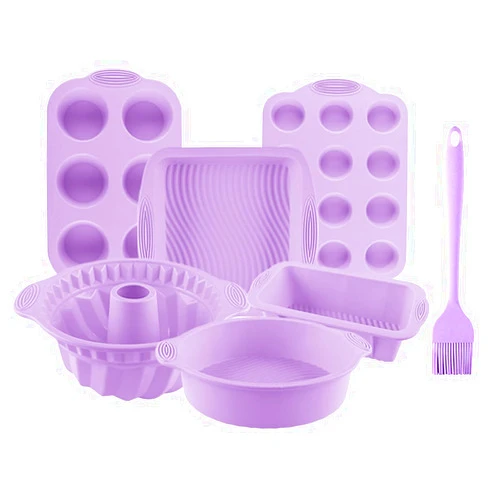 Acidea 7PCS Silicone Baking Set, Nonstick Silicone Bakeware Pan, Soft Easy to demould Baking Mold for Oven, Heat Resistant Bakeware Tray for Muffin, Loaf, Donut, Pizza, Cupcake, Purple