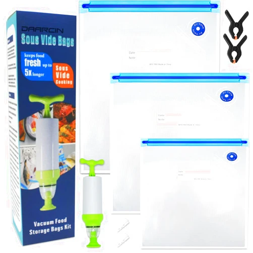 Daarcin Sous Vide Bags 20pack Kit,Daarcin 3 Sizes Sous Vide Bag Kit with Pump-15 BPA Free Reusable Vacuum Sealer Bags-1 Hand Pump-2 Zipper Clips-2 Clamps for Food Storage and Sous Vide Cooking
