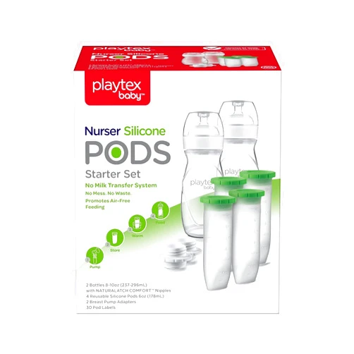 Playtex Baby Nurser Bottle Set with Reusable Silicone Pods, 2x8 Oz Bottles, 4x6 Oz Silicone PODS, 2 Breast Pump Adapters - Anti-Colic, Eco-Friendly Baby Feeding Solution