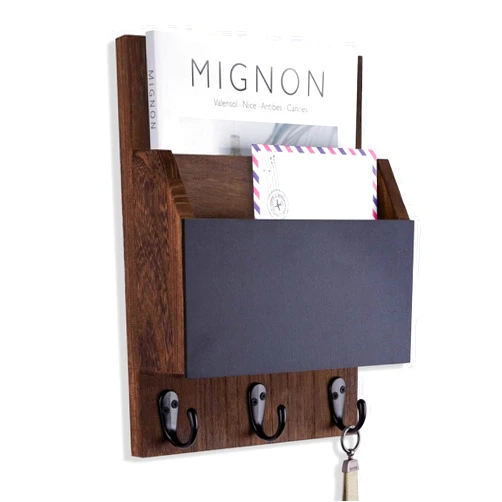 Lucundm Key and Mail Holder for Wall Mount, Entryway Mail Holder with 2 Slot, Key Holder with 3 Sturdy Hooks for Coat, Dog Leash, Decorative Key Rack (8.86”W x 11.42”H x 3”D) (Brown)