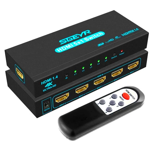 SGEYR HDMI Switch SGEYR 5x1 HDMI Switcher 5 in 1 Out HDMI Switch Selector 5 Port Box with IR Remote Control HDMI 1.4 HDCP 1.4 Support 4K@30Hz Ultra HD 3D 2160P 1080P