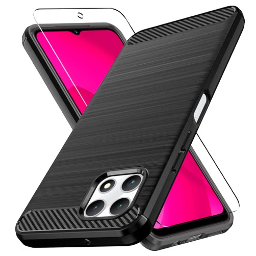 Muokctm for T-Mobile Revvl 7 5G Case, with Tempered Glass Screen Protector, Slim Soft TPU Protective Rubber Bumper Case Cover for Revvl 7 5G Phone (Deep Black)