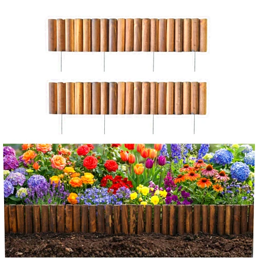 LáLáGreen LaLaGreen Garden Edging Border (30”x4”, 2 Pack) Brown Wooden Fence Panels with Metal Stakes, Decorative Landscape Flower Bed Border Fencing, Lawn Yard Patio Pathway Tree Rings Barrier Outdoor Decor
