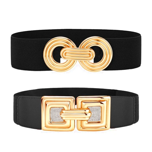 WADAINIS 2PCS Wide Elastic Waist Belt for Women Fashion Hollow Out Rhinestone Gold Buckle Stretchy Waistband Belt for Ladies