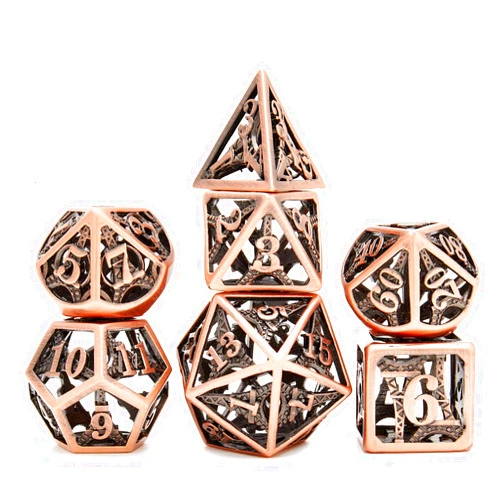 FeiyueDa DND Metal Dice Set 7pcs Hollow Brass Dice Set Suitable for Dungeon and Dragon Dice RPG and Other Dice Games (Black Storage Bags are Provided for Free)