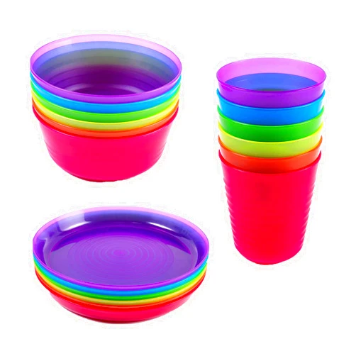 Cuddly Hippo Kids Plastic Dinnerware Set of 18 Multi Color Pieces (Plates, Bowls, and Cups) - Reusable, BPA-Free, Dishwasher Safe and Microwaveable