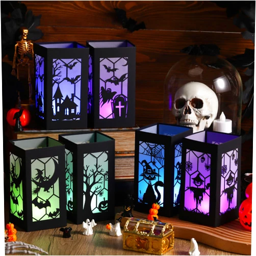 Riakrum 12 Pcs Halloween Table Decorations Table Centerpieces Boxes with Battery Operated Candle Holders Ghost Spiders Bat Silhouette Sketch Paper Lantern Boxes for Movie Night Party (Colored Light)