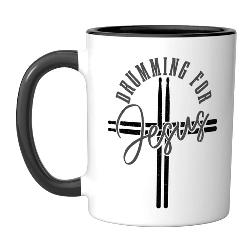 Drumming For Jesus - Christian Drummer Apparel Co. Drumming For Jesus Drum Sticks Cross Christian Drummer Ceramic Mug, Black/White