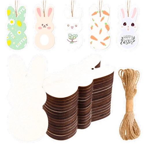 AWIZOM 60 Pcs Unfinished Easter Bunny Wooden Ornaments Wooden Bunny Cutouts to Paint Blank Wood Rabbit Slices with Twine for DIY Craft Present Tags Easter Spring Hanging Decorations,3.94x1.89
