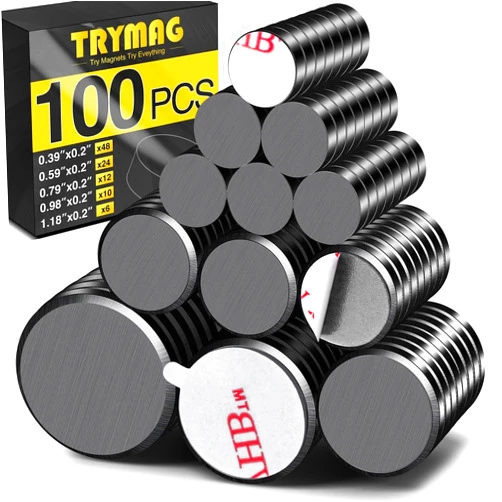 TRYMAG Magnets for Crafts, 5 Different Size, 100Pcs Strong Ceramic Magnets with Adhesive Backing for Crafts, Small Round Magnets Flat Ferrite Craft Circle Magnets for Refrigerator, Button, Hobbies