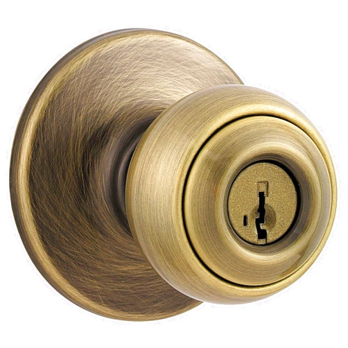 Kwikset 400P-S Polo Single Cylinder Keyed Entry Lever Set with Round Rose and SmartKey - Antique Brass