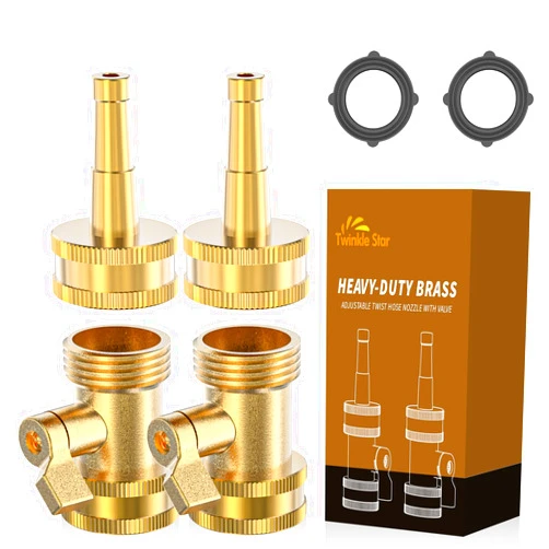 Twinkle Star Brass Hose Nozzle 4 Pack, Jet Nozzle High Pressure Hose Nozzle with Leakproof Shut off Valve, Upgraded Valve Handle, 3/4” GHT Nozzles for Garden Hose, Car Wash, Extra 2 Rubber Washers