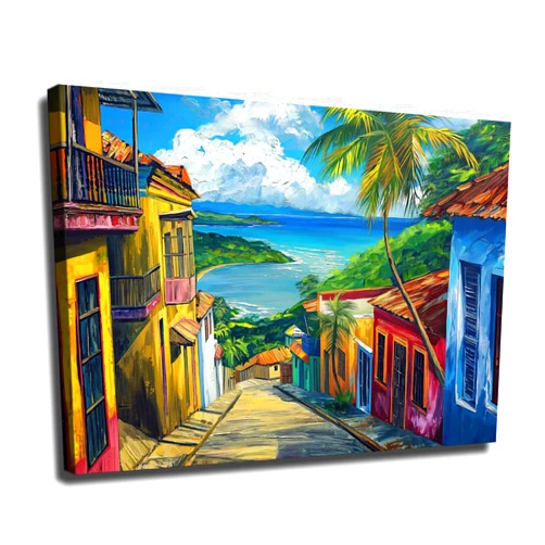 Cjkhgdoi Streets of San Juan Framed Wall Art Puerto Rico Painting Framed Poster Puerto Rican Art Old San Juan Oil Painting Ready To Hang (Framed,24×36 inch)