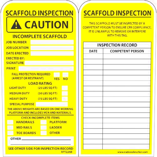NMC RPT226B Safety Sign Tags, Incomplete Scaffold Tag, 6X3, 015 Mil Unrip Vinyl, 25 Pk