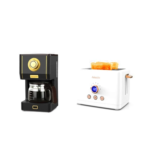 Amaste Retro Coffee Maker & Toaster Set- Arabica Black & Elegant White with Rose Gold