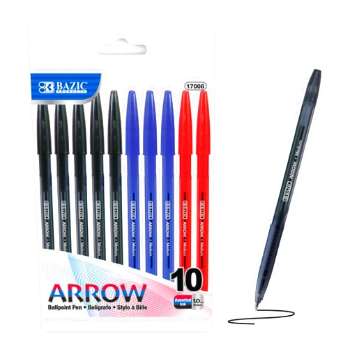 BAZIC Products BAZIC Arrow Ballpoint Pens, 1.0 mm Medium Point Assorted Colors Stick Pen, Smooth Writing for Office School Teacher, 10 Count, 24-Pack