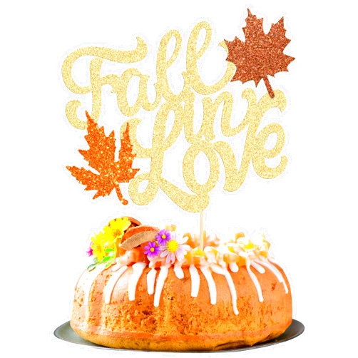 Gyufise 1 Pack Fall in Love Cake Topper with Maple Leaves Glitter Fall Maple Leaves Cake Pick Decorations for Fall Theme Bridal Shower Wedding Engagement Anniversary Party Supplies