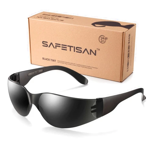 SAFETISAN Tinted Safety Glasses Bulk, 24 Pack, Protective Shaded Safety Goggles, UV Protection Sunglasses, Scratch & Impact Resistant Dark Smoke Lense | Perfect for Construction, Shooting, Lab Work