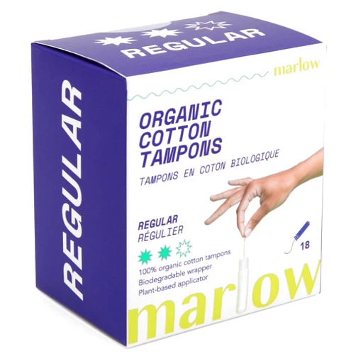 MARLOW 100% Organic Cotton Easy Glide Tampons with Compact Plant Based Applicator | Third-Party Checked for Metals | Biodegradable Wrapping | 18 Count, Fragrance Free, Toxin Free | Regular Tampon | by Marlow