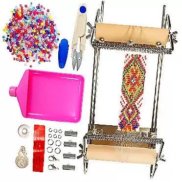 Hobbyworker The Hobbyworker Second Generation Adjustable Bead Loom Kit with Seed Beads,Large Eye Curved Beading Needle,Bead Funnel Tray,Lobster Clasp,Open Ring and Bead Mat for Jewelry Making kit Metal Bead Loom Kit