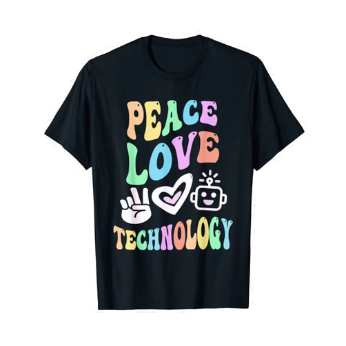 Wavy Educational Y2K Computer Tech Crew PEACE LOVE TECHNOLOGY Retro Computer Teacher Groovy School T-Shirt