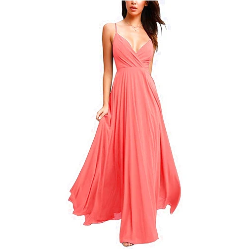 GMAR Women's V-Neck Long Spaghetti Chiffon Ruched Prom Gowns for Juniors 14 Coral
