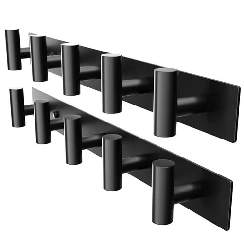 GWAAZXGZ Black Wall Mounted Coat Rack – 5 T-Shaped Pegs for Hats, Bags & Towels, Heavy-Duty Metal Rail for Entryway, Bathroom, Closet, Bedroom (2 Pack)