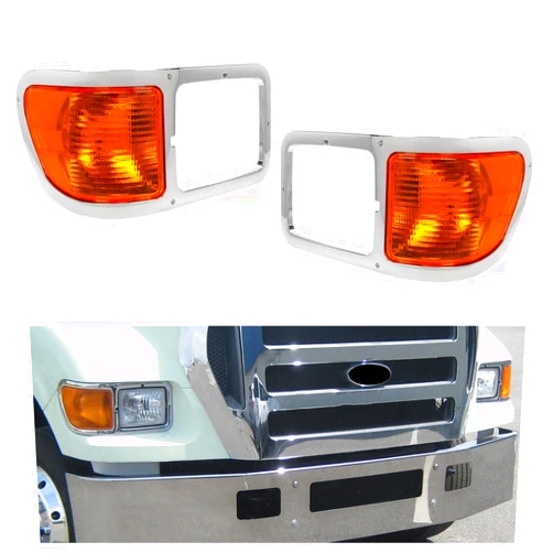 ECOTRIC Pair Headlight Compatible with 2000-2015 Ford F650 F750 Headlamp Bezel Right Passenger Left Corner Signal Lights Lens Driver Replacement for part #YC3Z13201AA #YC3Z13200AA