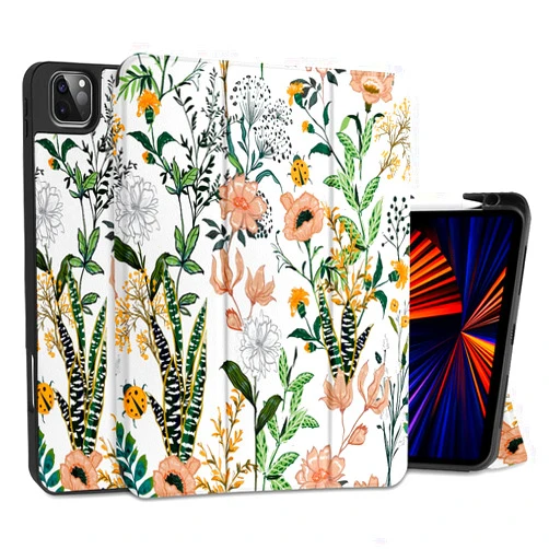 MEEgoodo for iPad Pro 12.9 inch Case 2021 with 5th Gen Pencil Holder, Slim Lightweight Trifold Stand Protective Soft TPU Back Cover Support 5th Gen Pencil Charging, Auto Wake/Sleep, Spring Floral