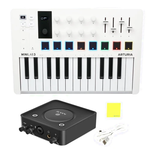 Liquid Audio Arturia MiniLab 3 Mini Hybrid Keyboard Controller Bundle with iCON Pro Audio USolo Recording Interface, USB Cable & Liquid Audio Polishing Cloth - 25 Key Midi Controller, Recording Studio Equipment