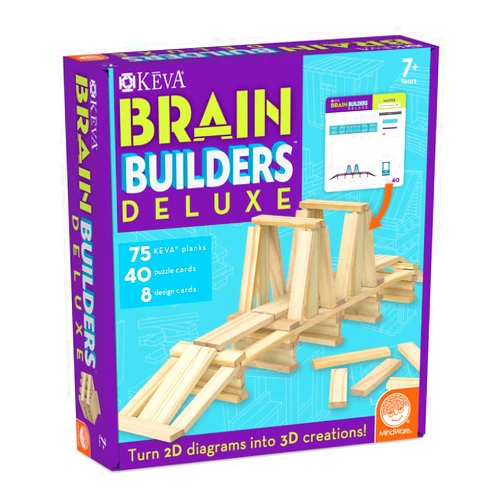 MindWare Keva Brain Builders Deluxe: STEM Building Toy Includes 75 KEVA Planks, 40 Puzzle Cards, 8 Design Cards, 3D Building Skills for Kids - Ages 7+