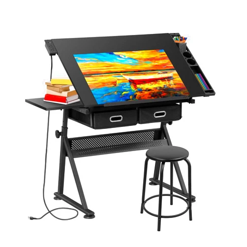 SUPER DEAL Adjustable Drafting Table Set with Charging Station, Tilting Drawing Desk Artist Desk with Stool Multifunctional Art Craft Workstation with 2 Storage Drawers for Home Office School