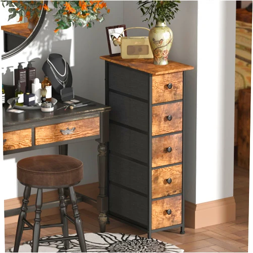 GiftGo Narrow Dresser Vertical Slim Dresser Chest of Drawers Skinny Storage Tower for Small Spaces Gaps Closet Bedroom Bathroom Small Fabric Drawer Unit (Rustic Brown, 5 Drawers)