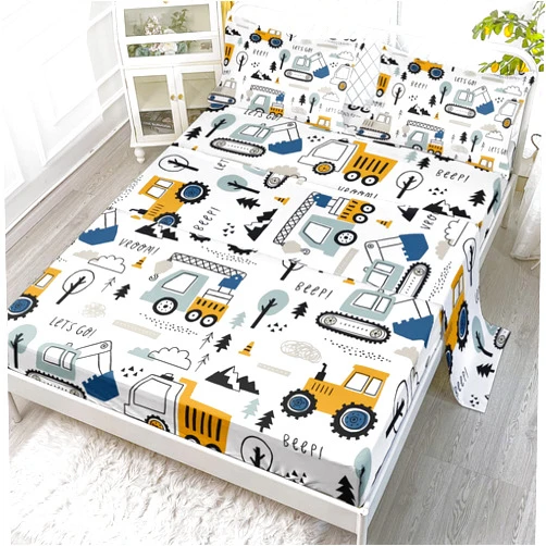 Datura home Woodland Construction Sheets Set 4Pcs for Kids,Cartoon Excavator Truck Lifter Print Sheet Set with 1 Flat Sheet and 1 Fitted Sheet + 2 Pillowcases(Woodland Construction Twin)