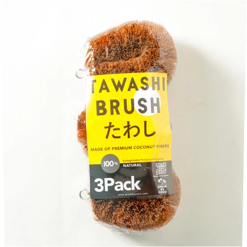 Growbycoco Pack of 3 Tawashi 100% Natural Coconut Coir Fiber Brush, Ideal for Vegetable and Fruit Scrub, Kitchen Cleaning Needs, Kamenoko Japanese Design