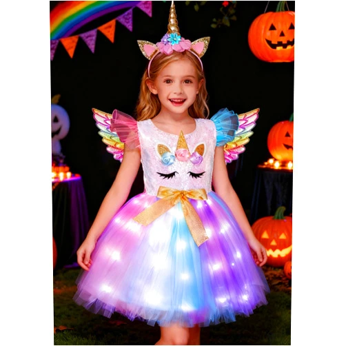 Costumerry Unicorn Costume for Girls LED Light Up Tutu Dress Unicorn Birthday Party Halloween Costume for Girls