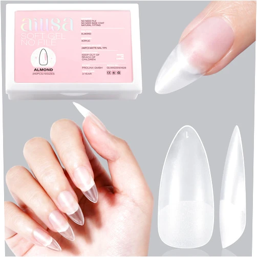 AILLSA Almond Full Cover Nail Tips Upgraded Matte Prefiled Soft Gel Nail Tips False Gelly Press on Nail Tips Medium Almond Shaped Nails for Nail Extensions DIY Holiday Gift (240Pcs 10 Sizes)