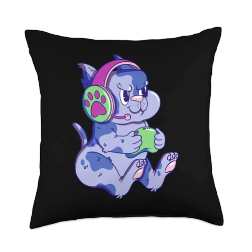 Gamer PC, Gaming Geschenke, lustige Sprüche Cat Playing Computer Art Graphic for Men Women Children Throw Pillow, 18x18, Multicolor