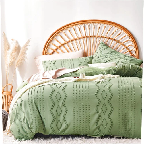 Senville Sage Green Boho Duvet Cover Queen Size,Pom Pom Geometric Textured Duvet Cover Tufted Bedding Set, 3 Piece Ultra Soft Washed Microfiber with Zipper Closure(Sage Green,Queen)