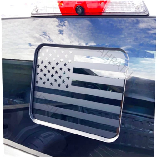 AHPATLJ Rear Middle Window American Flag Decal for Ford F150 F250 F350 2015-2023 Black USA Flag Vinyl Stickers Fits Back Centre Sliding Window Glass,Precut and Waterproof(Matte Black)