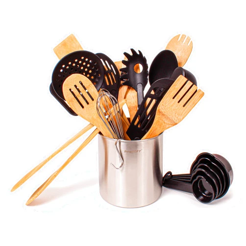 BergHOFF Studio 23Pc Tub of Tools Kitchen Utensil Set, Stainless Steel, Bamboo, Eco-friendly, Hanging Loop