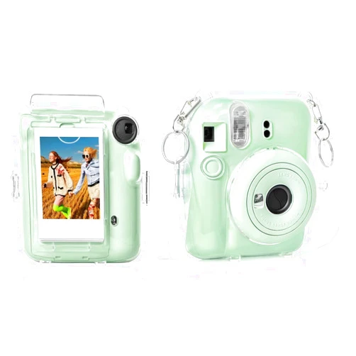 Rieibi Clear Case Compatible with Fuji Instax Mini 12, Hard Carrying Case Bag for Fujifilm Instax Mini 12 Instant Camera, PC Cover with Photo Storage Pocket & Shoulder Strap