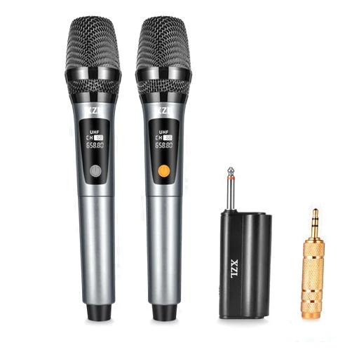 XZL UHF Wireless Microphone, Rechargeable Two Cordless Microphones with 1/4” Receiver, Adjustable Frequency & Volume, Plug and Play for Karaoke Singing, Lecture, Wedding Host, Church, PA System