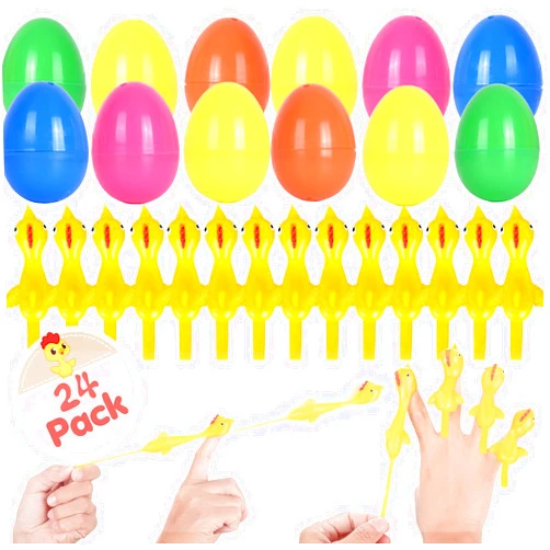 Valauni 24 Pack Prefilled Easter Eggs with Flying Chicken Slingshot Toys,Easter Eggs Filled with Toys Inside,Easter Egg Hunt Stuffers Kit Class Prizes Gift Easter Egg Filleds for Kids Party Favor