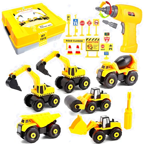 TEUVO Construction Take Apart Toys with Electric Drill, Building Excavator Toy STEM Trucks Vehicle Construction Vehicles for Kids, Educational Learning Gifts for Ages 3+ Boys & Girls