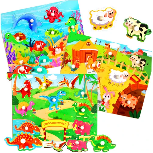 RANSUNN Wooden Puzzles for Toddlers 1-3,Kids Educational Preeschool Peg Puzzles Toy, 3 Pcs Toddler Puzzles Set - Dinosaur, Animals and Ocean, Great Gift for Girls and Boys