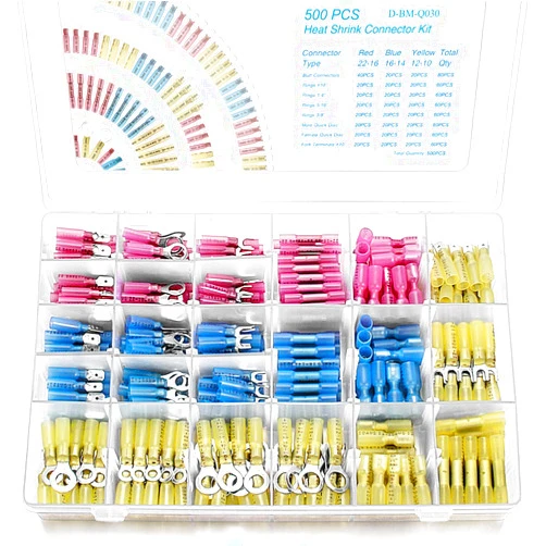 Qibaok 500 PCS Heat Shrink Wire Connectors Qibaok Insulated Electrical Terminals Kit Waterproof Marine Crimp Connector Assortment Ring Fork Spade Butt Splices